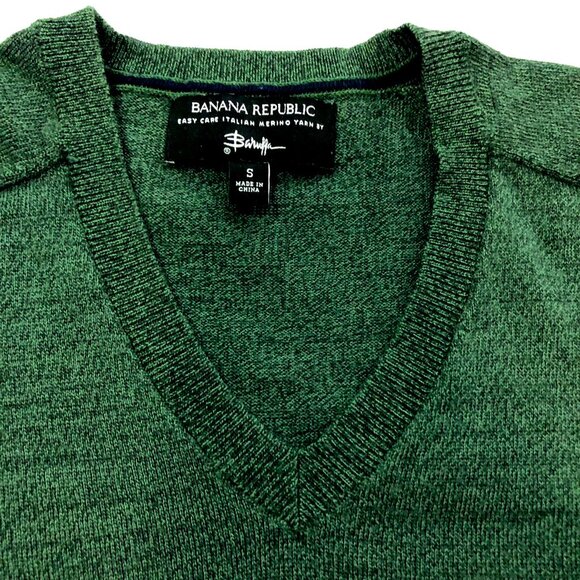Banana Republic by Baruffa Sweater 100% Merino Italian Wool V-Neck Green Mens S - Picture 2 of 9